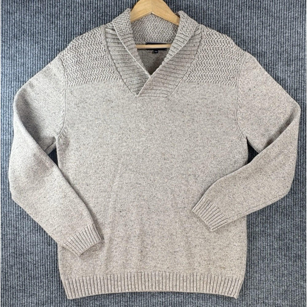 Roundtree & Yorke Mens Wool Blend Shawl Collar Sweater Large Beige Textured Knit
